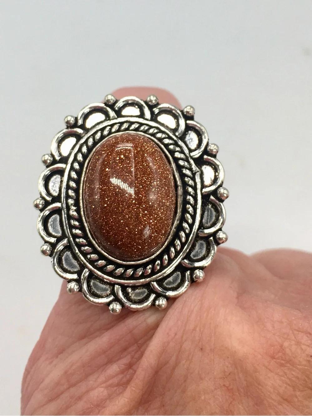 New Handmade Silver & Red Sun Stone Boho Statement Ring, Size 6
